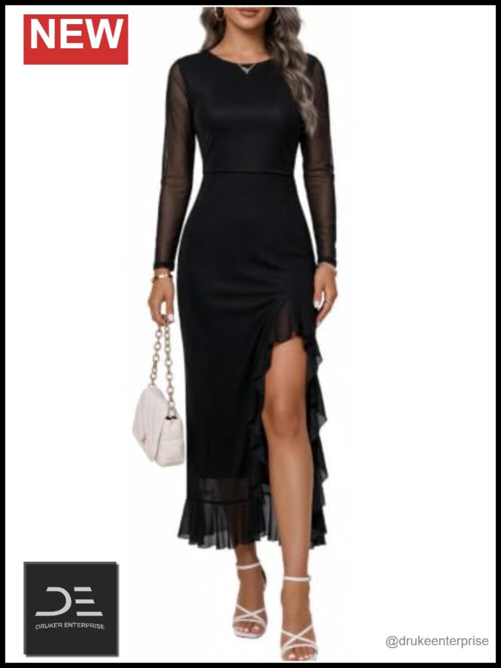 Lyrur Women's Long Sleeve Ruffle Slit Maxi Dress Formal Wedding Guest